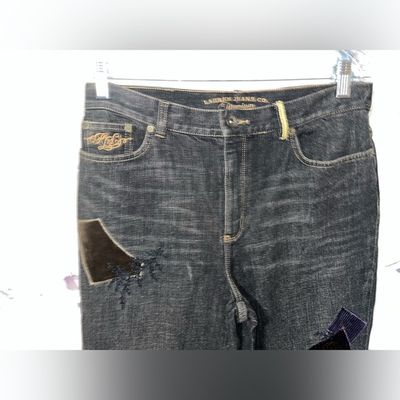 Ralph Lauren Womens Straight Leg Jeans Black Stretch Velvet Patch Embellished 10 - Picture 2 of 7